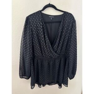 Lane Bryant Blouse 22/24 Black Gold Polka Dot Sheer Long Sleeve  Top (A635)